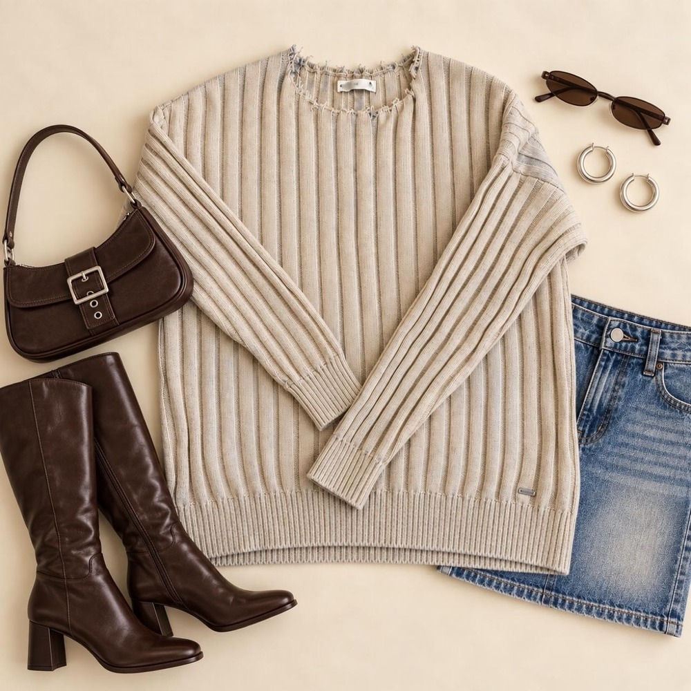 Vintage Y2K Hollister ribbed knit sweater in a neutral beige, size M Long Sleeve
